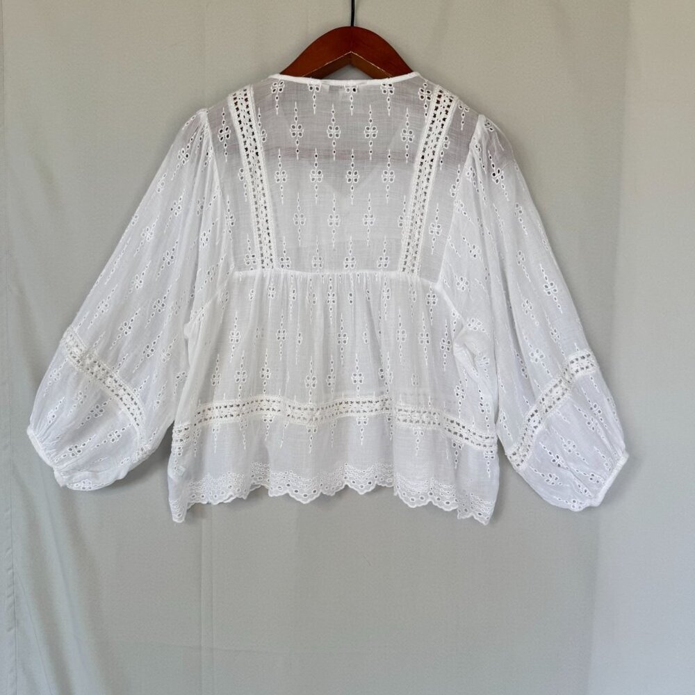 American Eagle White Embroidered Lace Ballon 3/4 Sleeve Peasant Babydoll Blouse - Picture 8 of 16